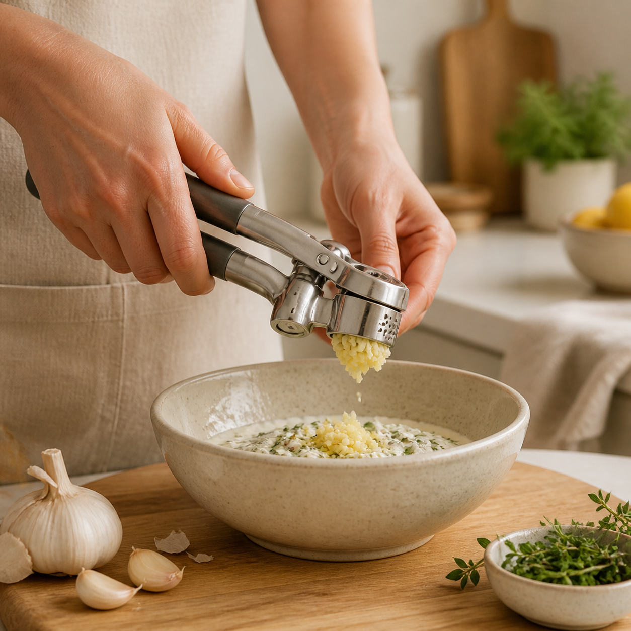 Stainless Steel Garlic Press lifestyle use photo